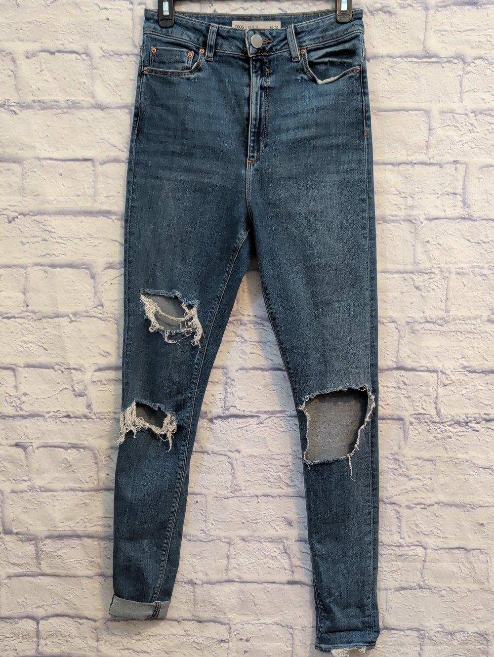 ASOS Medium Wash Skinny Jeans w/ High-rise Waist & Distressing - Size 28